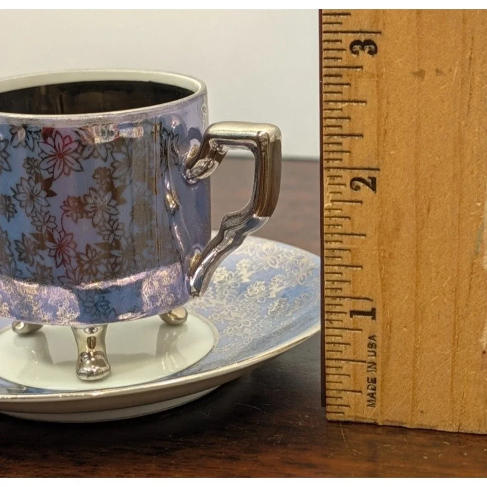 Vintage Mercator Bavaria Germany Footed Teacup Saucer Blue Floral Silver Luster